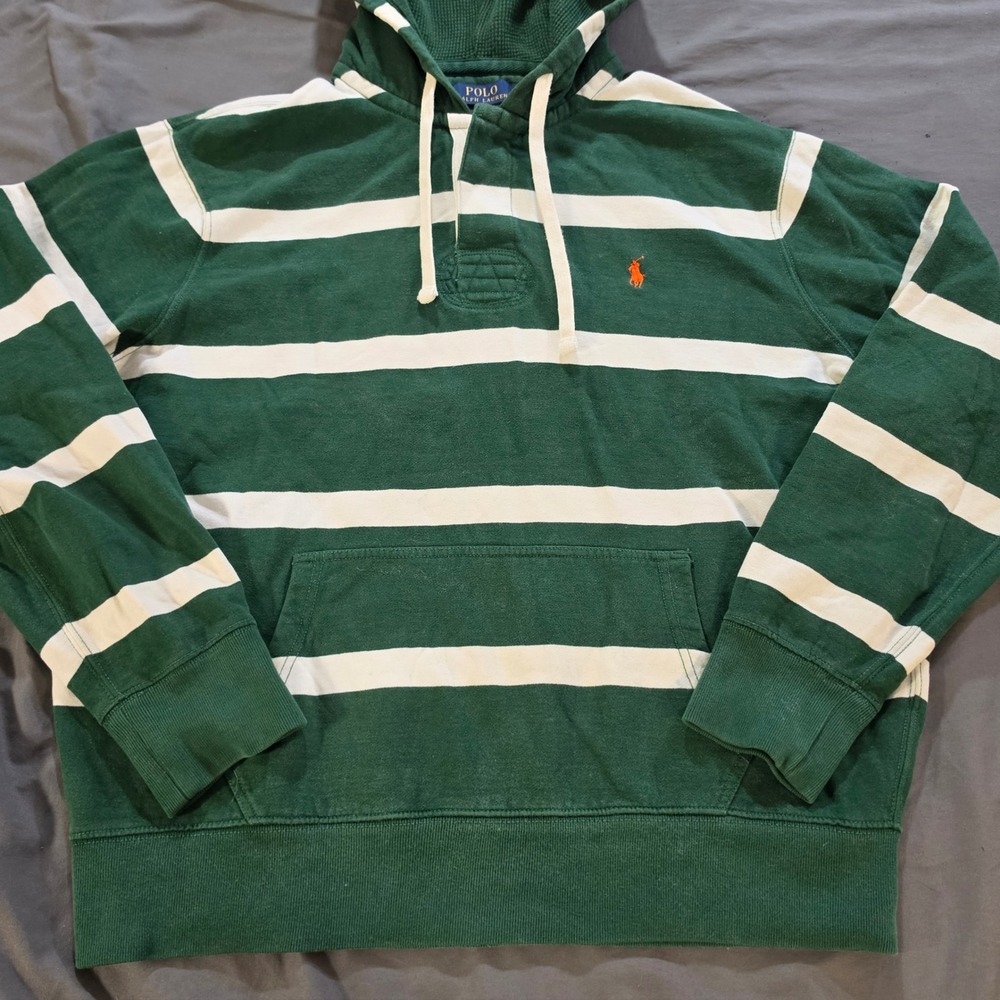 Polo Ralph Lauren Mens XL Green White Striped Rugby Hoodie Orange Pony Logo